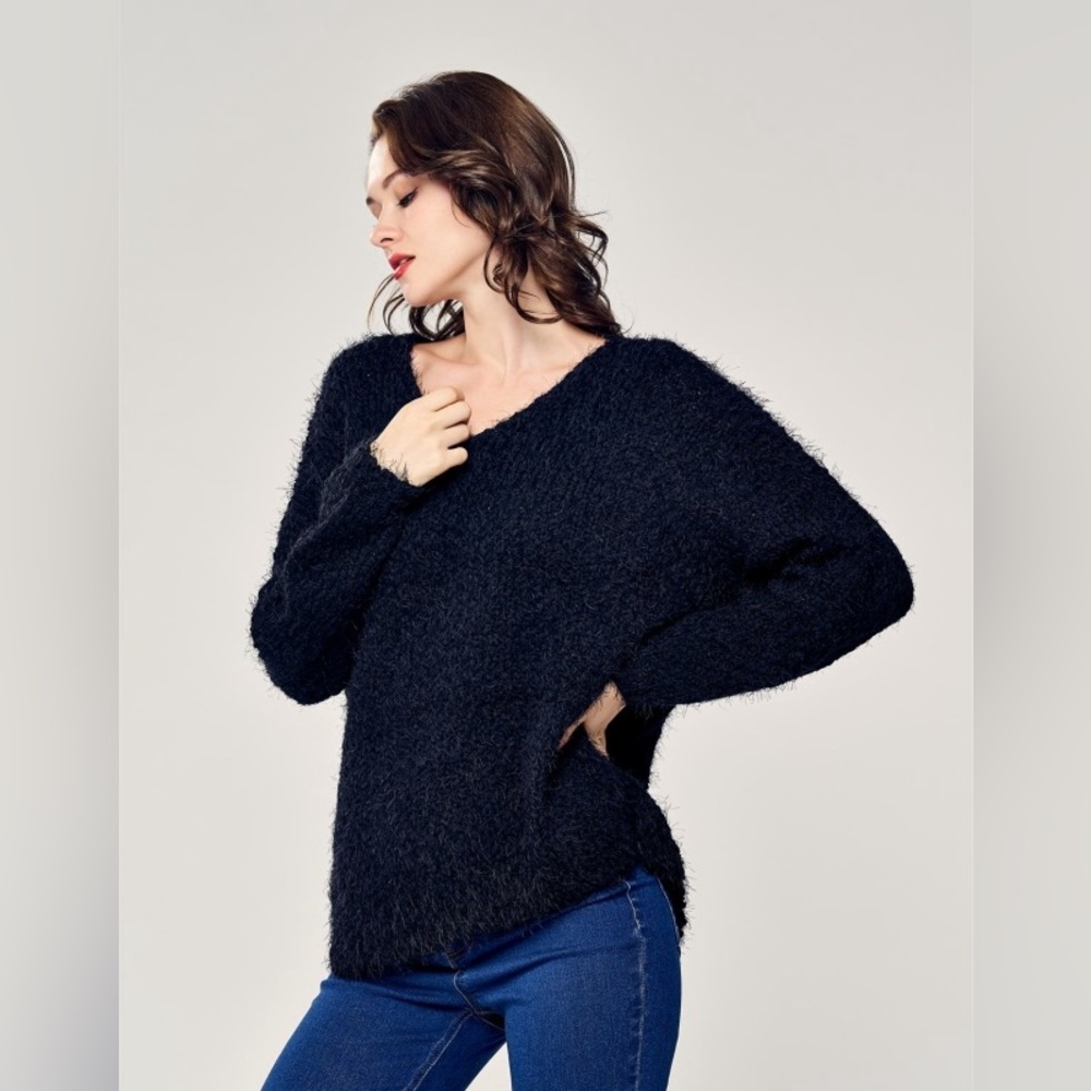 JULIA Black Fuzzy Teddy Bear Knit Cozy Oversized Sweater
